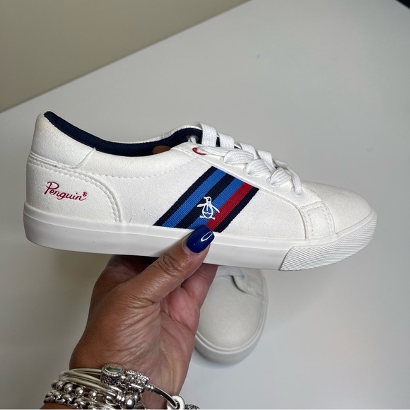 Original Penguin Boys Sneakers White Blue Red Stripe Size 2.5 - Picture 1 of 9